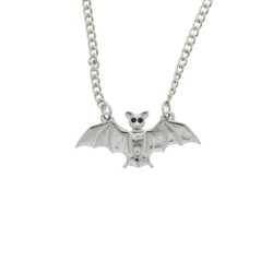 Small Silver Bat With Black Eyes - Chain Necklace