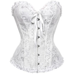White Vintage Print Satin Bustier Corset - Small Corset