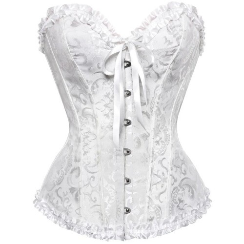 White Vintage Print Satin Bustier Corset - Small Corset