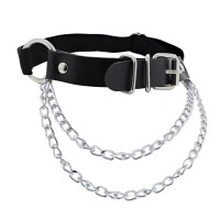 Leather Look Garter With Double Chain - Black Elasticated PU Garter