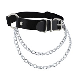 Leather Look Garter With Double Chain - Black Elasticated PU Garter