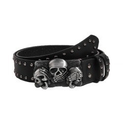 Black Studded Belt With Skeleton Buckle - Large Buckle Faux Leather Belt