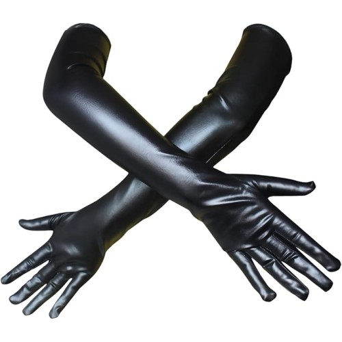 Long Black Wet Look Gloves - Gloves