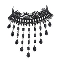 Black Lace Choker - With Hanging Black Beads