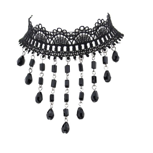 Black Lace Choker - With Hanging Black Beads
