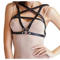 Leather Look Pentagram Harness - Black PU Body Harness