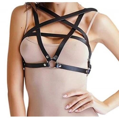 Leather Look Pentagram Harness - Black PU Body Harness