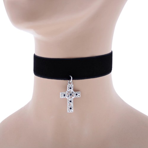 Black Velvet Choker - With Black Stone Cross