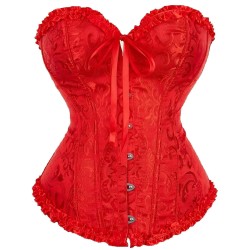Red Vintage Print Satin Bustier Corset - Small Corset