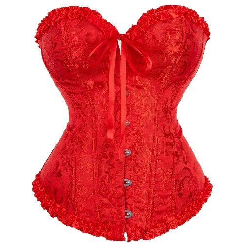 Red Vintage Print Satin Bustier Corset - Extra Large Corset