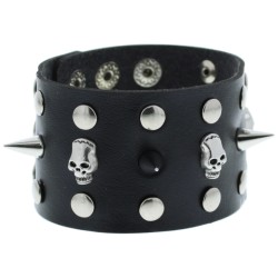 Spiked And Skull Studded - Black Faux Leather Bracelet
