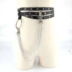 Triple Strap Belt With Triple Hip Chain - Eyelet Studded Black Belt