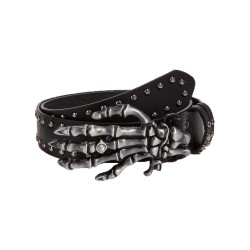 Studded Belt With Skeleton Hand Buckle And Stone - Faux Leather Large Buckle In Black