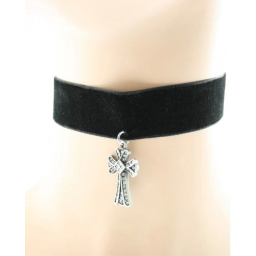Black Velvet Choker - With Jewelled Cross