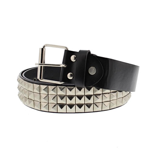 3 Row Silver Pyramid Studded Black Belt - Black Faux Leather